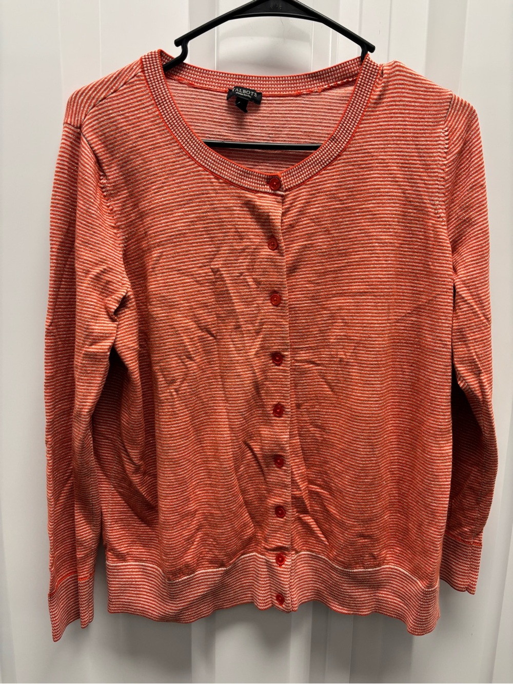 Talbots Orange and White Striped Lightweight Button Cardigan